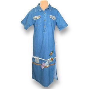 Vintage Denim Dress Button Front Medium Wash Blue Pattern Short Sleeve Custom